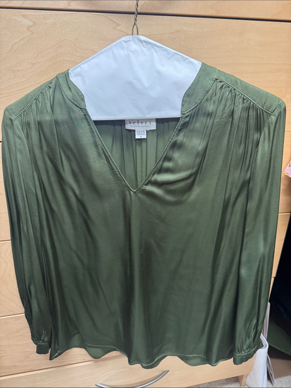 Velvet Olive Green V-Neck Long Sleeve Blouse
